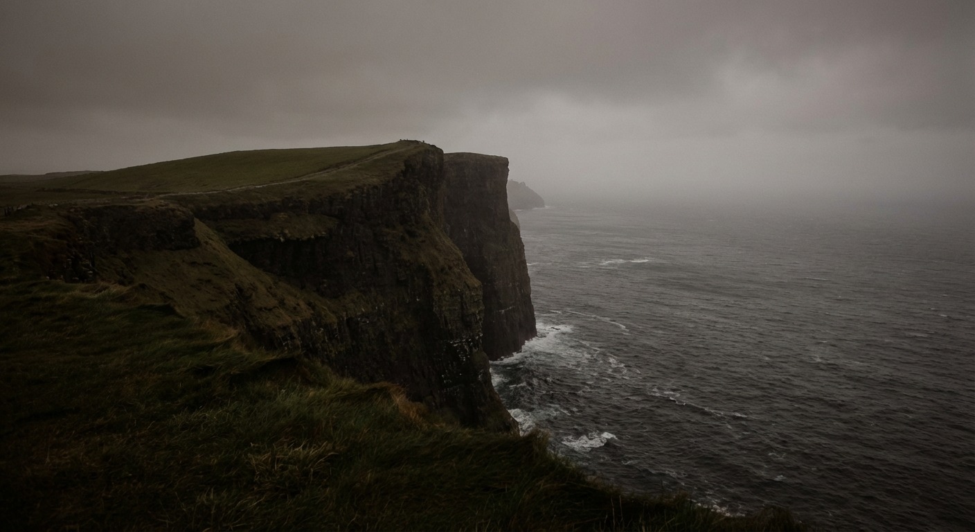 Coastal cliff edge where green grassland abruptly meets a sheer vertical drop — the boundary does not slope gently