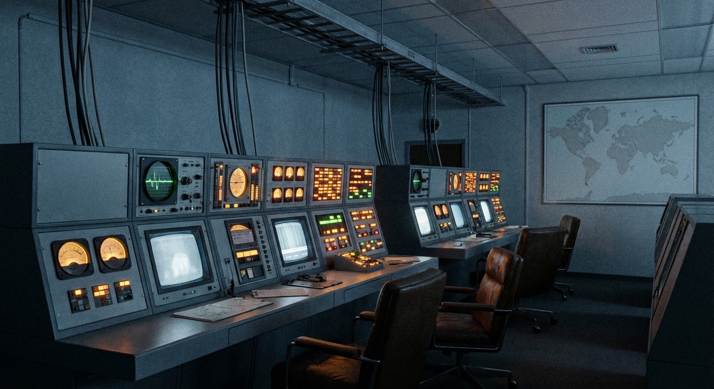 Vintage control room with banks of glowing analog instruments — a system reporting its own state to an empty room