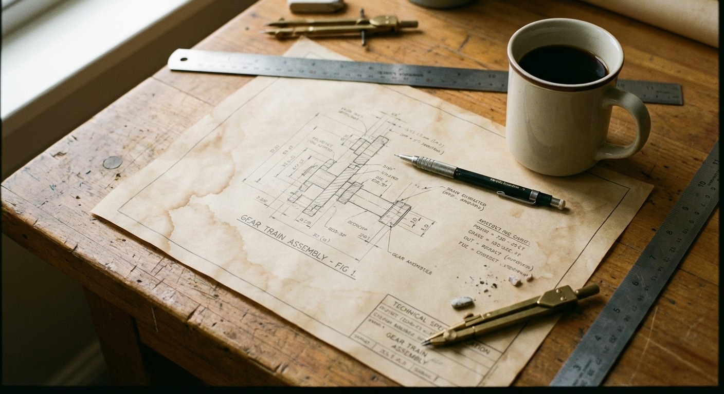 Engineer's drafting table with hand-drawn technical specifications